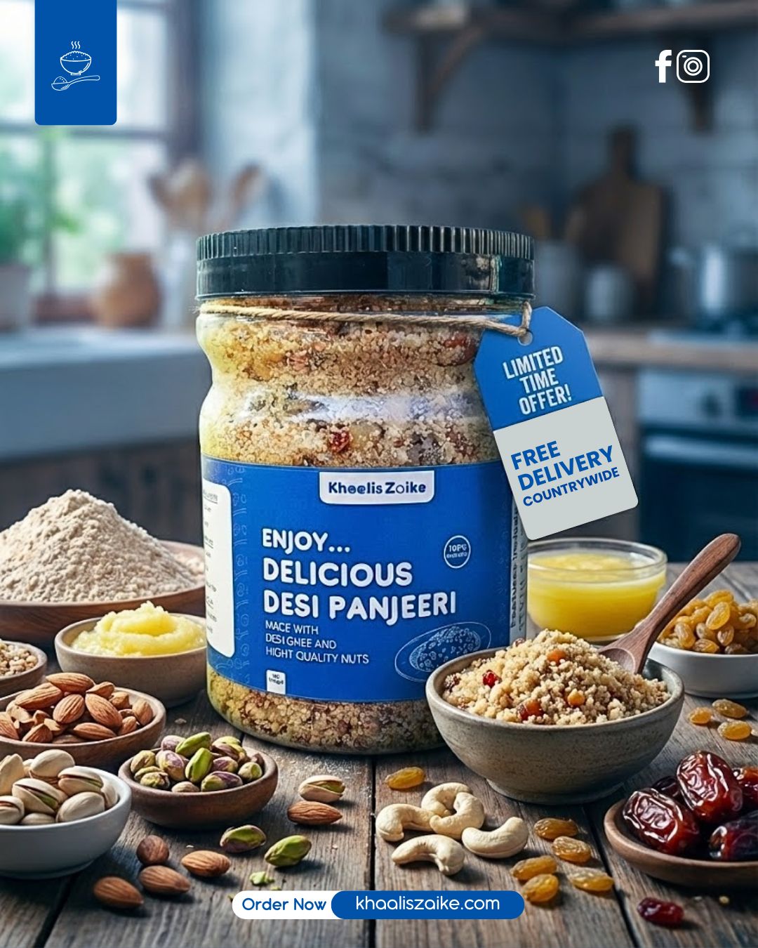 Jar of Khaalis Zaike Desi Panjeeri made with pure desi ghee and premium dry fruits like almonds, pistachios, and cashews, displayed on a rustic wooden table for customers looking to buy panjeeri online.