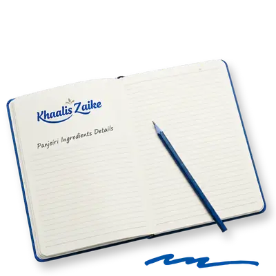 An open notebook with the "Khaalis Zaike" logo and the text "Panjeeri Ingredients Details" next to a blue pencil