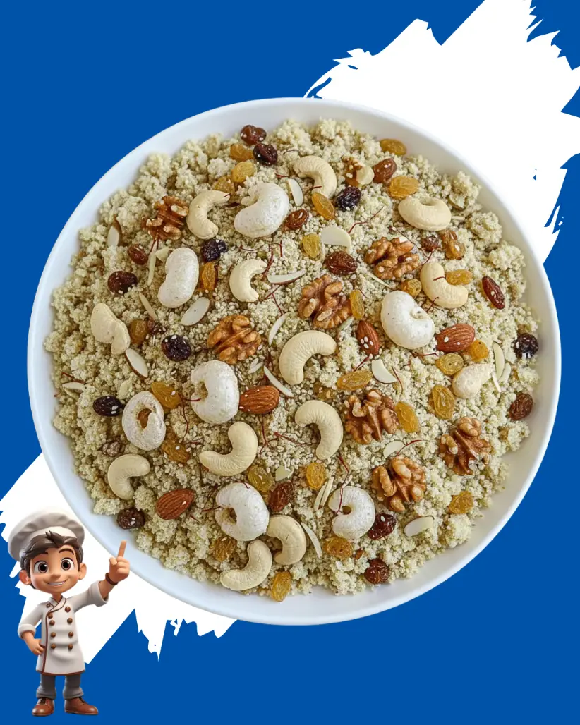 A 3D cartoon chef pointing toward a large white bowl of panjeeri filled with nuts and raisins