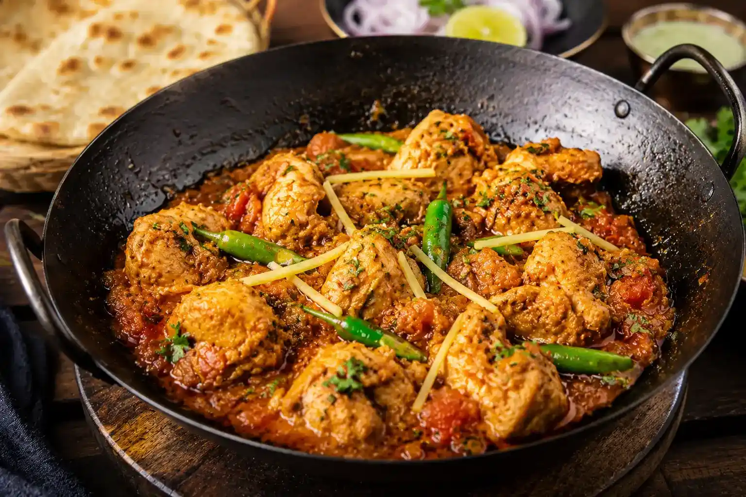 Chicken karahi cooked in a wok-shaped pan, garnished with ginger and green chili