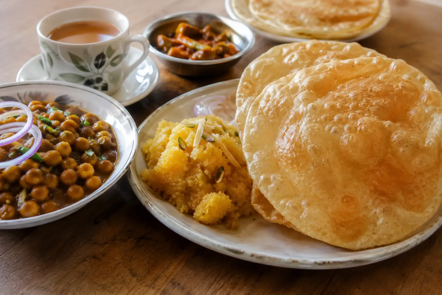 Halwa puri breakfast spread with chana and puri, a traditional Pakistani breakfast