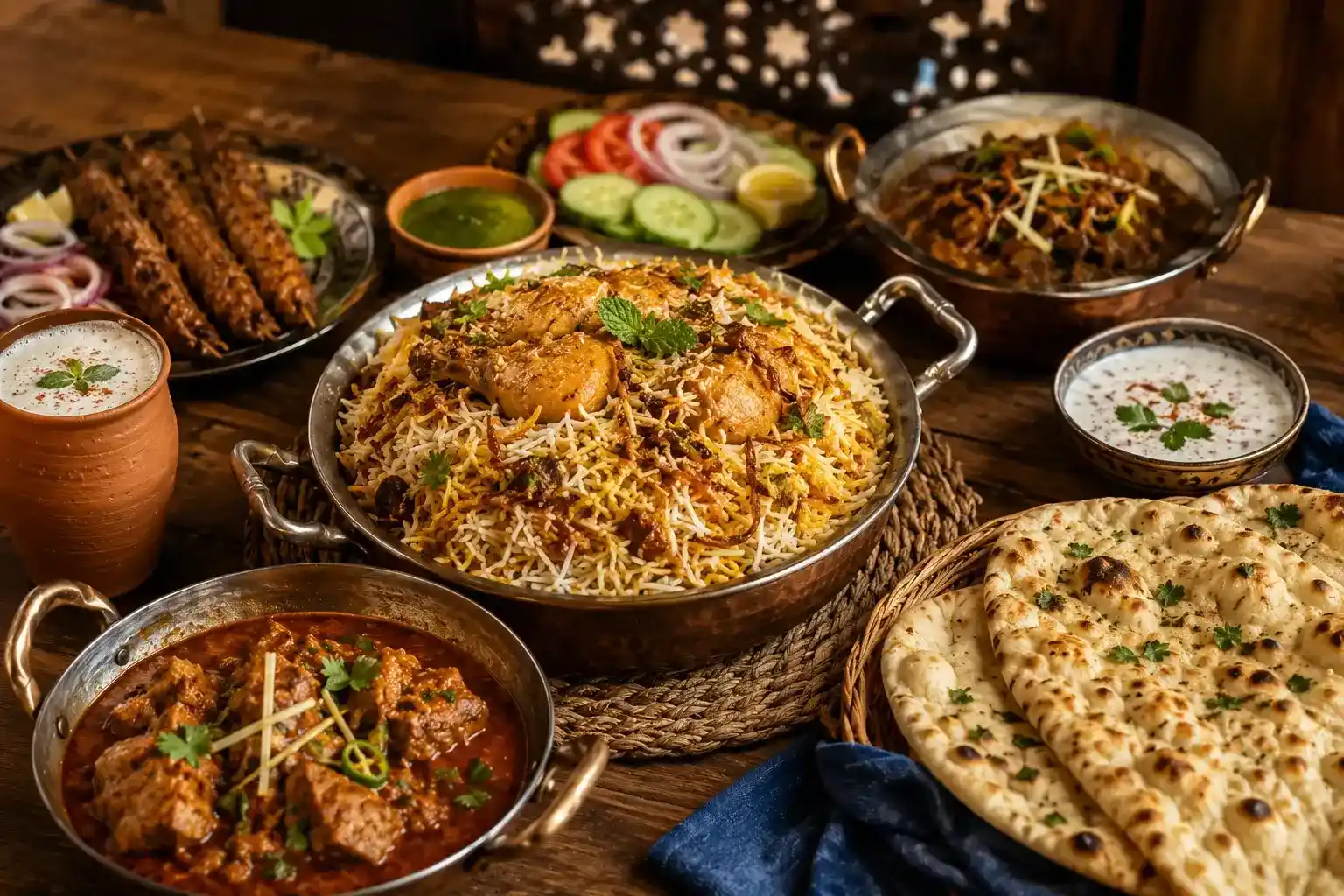 Traditional Pakistani food spread with biryani, chicken karahi, naan, and raita on a table